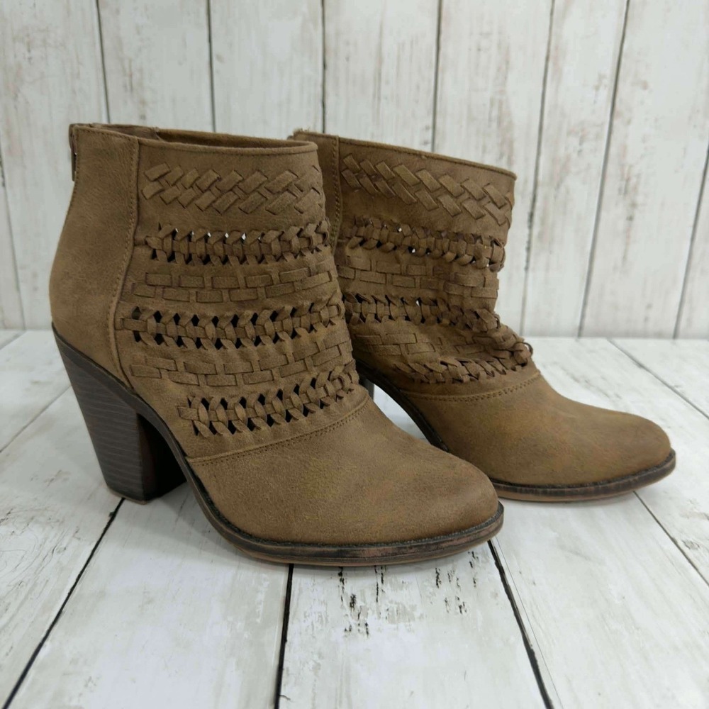 Fergalicious Women's Tan Suede Woven Cutout Block Heel Ankle Boots Size 7M